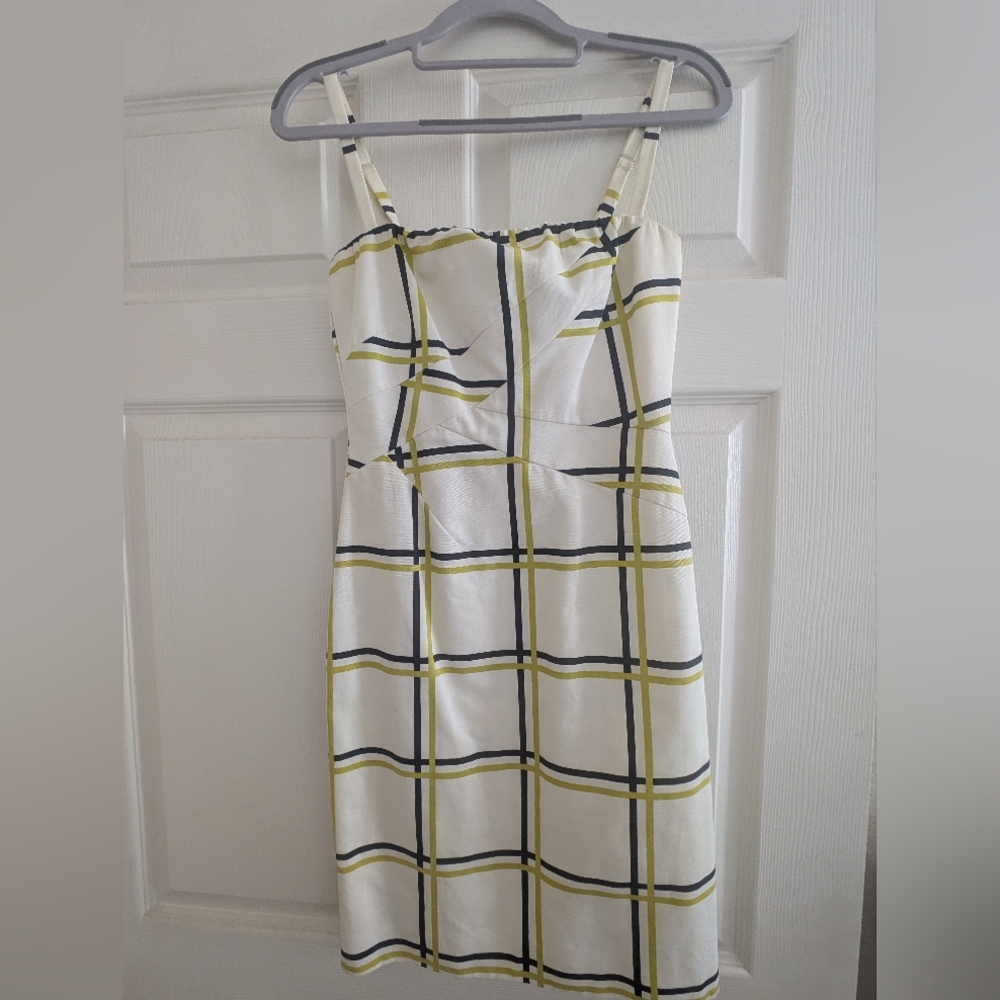 Tahari Strapless Dress in Cream, Black, and Yellow Plaid